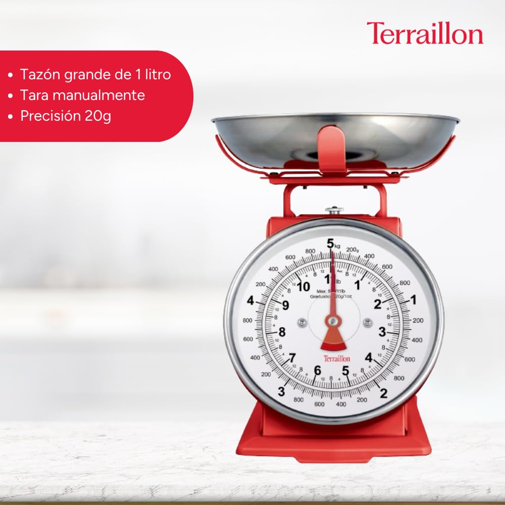 Terraillon - Balanza de Cocina Vintage - Tara Manual, Esfera Grande y Bol de 1L, Capacidad 5 kg - 'Tradition 500' Modelo Rojo