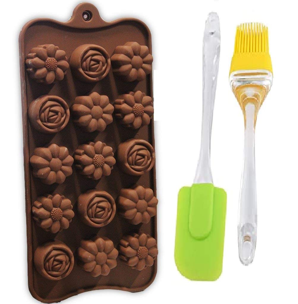 Snowpearl Silicone Reusable Flower Shape Chocolate Mould, 15 Cavity and Silicone Brush-Spatula Set, Kitchen Baking Tools Accessories Combo Set