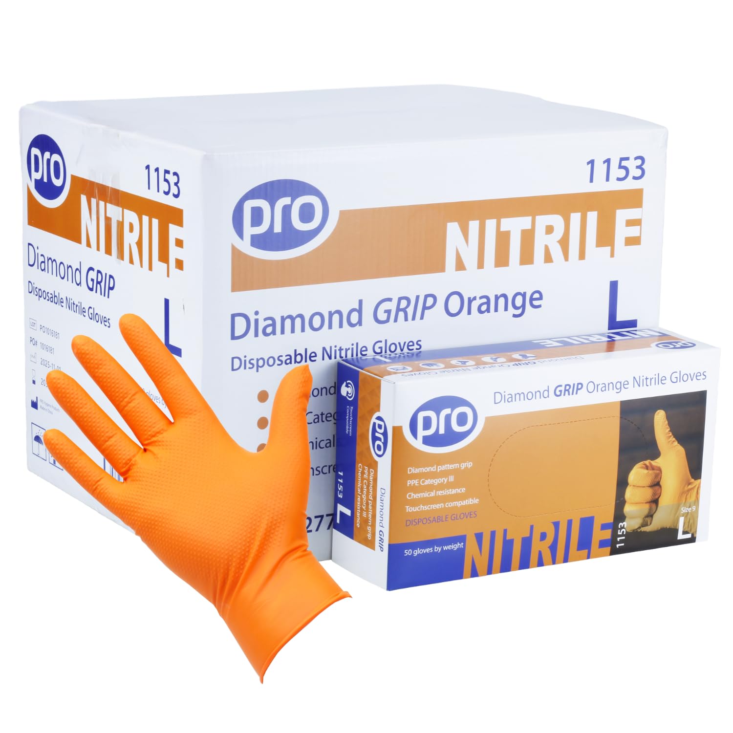 PRO Diamond Grip Orange Disposable Gloves - Heavy Duty Nitrile Glove - 500 Pack - Large - Powder-Free, Latex-Free - Mechanic Gloves, Workshop, Automotive & Industrial PPE
