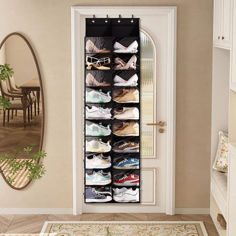 Garvee Platzsparendes Über-Tür-Schuhregal 10 Ebenen – Hängender Schuh-Organizer aus Oxford-Stoff, 20 große transparente Taschen, 4 Metallhaken – Doppelte Reihen-Aufbewahrung, Double Row Storage Bag