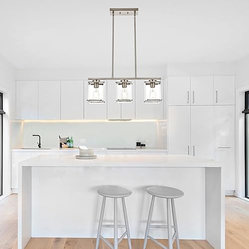 Miniatura 9 de MELUCEE Iluminación de isla de cocina, 3 luces de níquel cepillado, accesorios de iluminación para comedor sobre mesa con pantallas rectangulares de