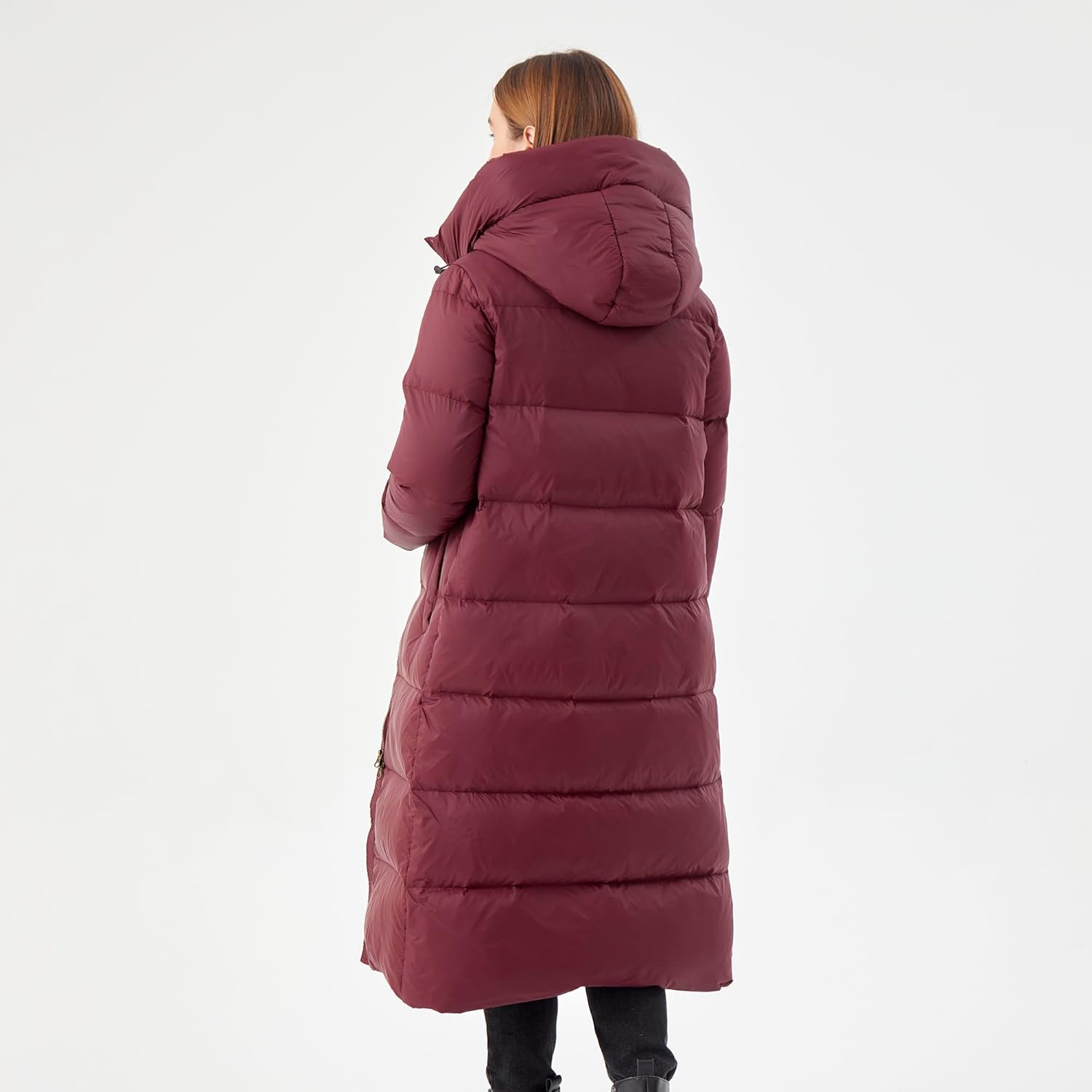 Women’s Long Goose Down Jacket with Hood, Warm Thermal Lining, Knee-Length Winter Puffer Coat