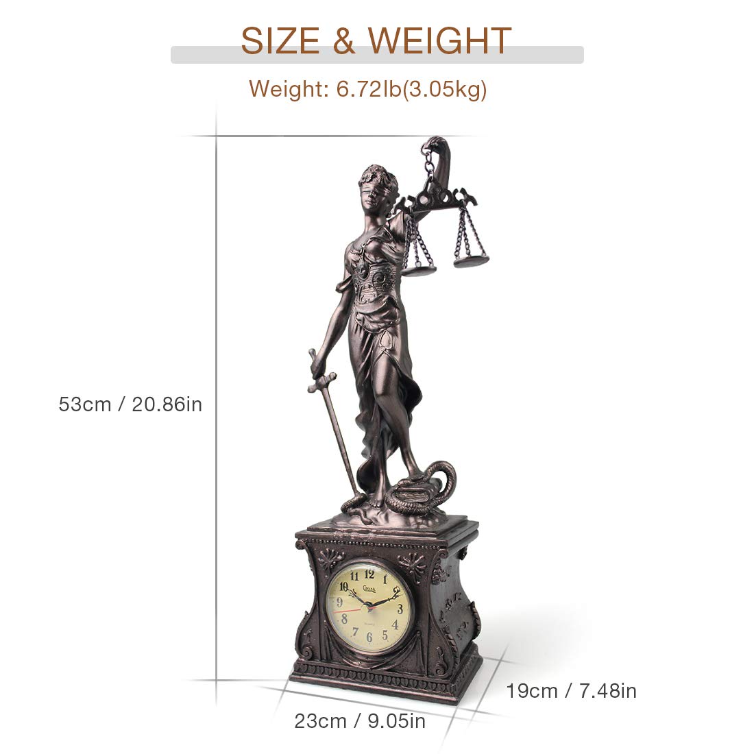 MASCARELLO Classic Antiqued Quartz Mantel Clock Decorative Sculpture Table Home Office Decoration (Justice Statue)