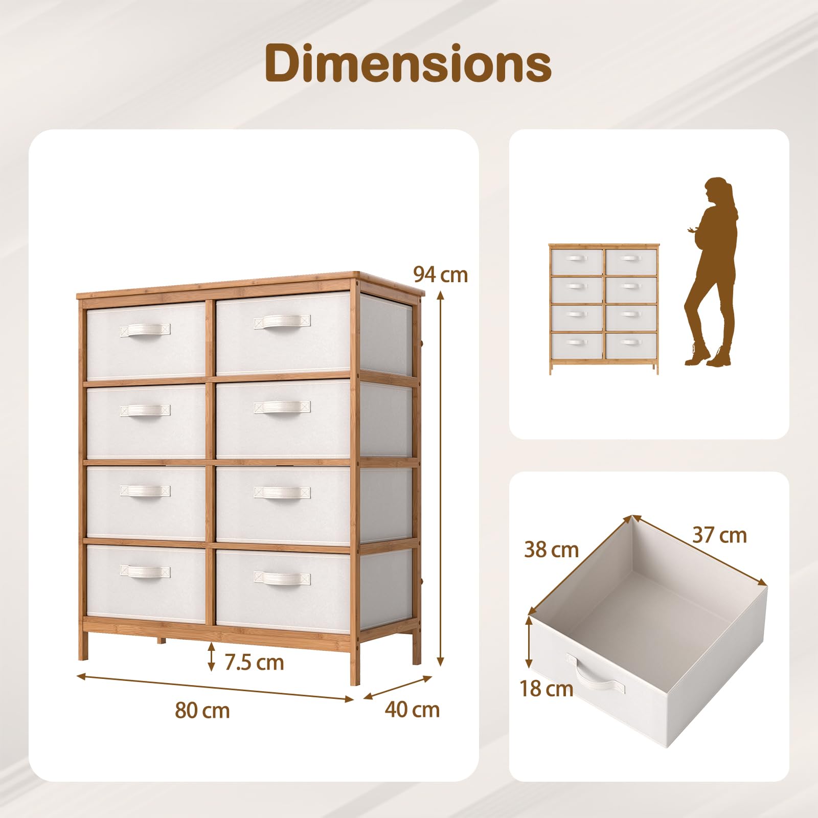 COSTWAY Komoda z 8 zdejmowanymi szufladami materiałowymi i ramą bambusową, szafa z szufladami, szafa do przechowywania, szafka do salonu i korytarza, 80 x 40 x 94 cm