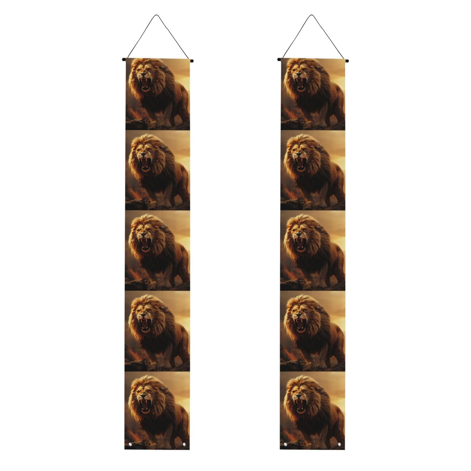 Angry Roaring Lion Porch Banner 2PCS, Summer Hanging Flag Party Porch Sign Front Door Hanging Decorations for Indoor Outdoor Holiday Yard Decor Wall Backdrop 71 x 12 Inch