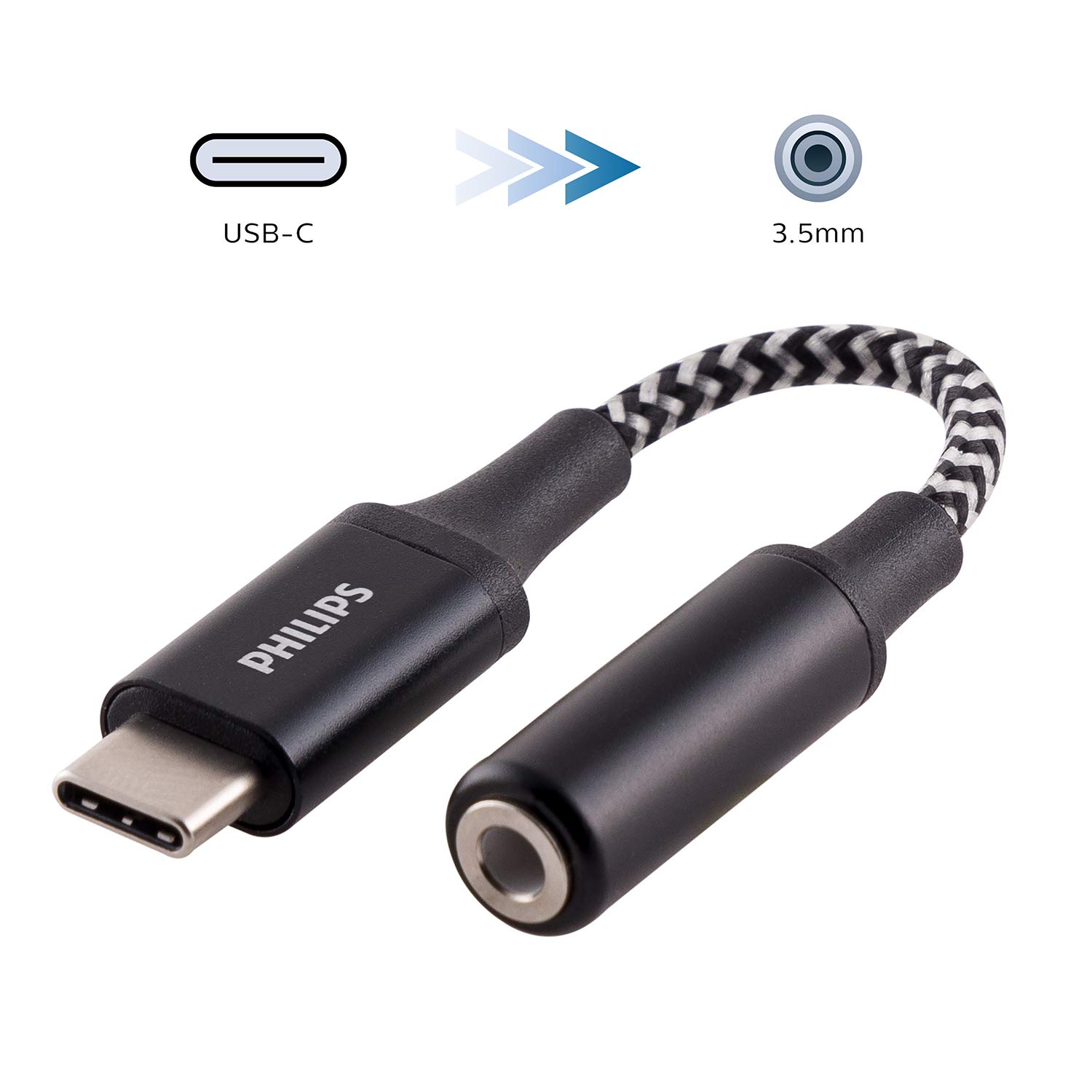 Philips USB-C to 3.5mm Headphone Jack Adapter Dongle, 4 Inch Braided Cable, for USB-C Devices Without 3.5mm Audio Ports, Allows Use of Earbuds, Headphones, and Auxiliary Cords, DLC4311V/27
