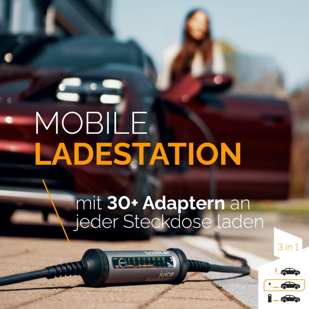 Juice Booster 2 - Mobile Wallbox 22 kW und Typ 2 Ladekabel, Schweizer Design, wetterfest, überfahrbar, einstellbare Ladeleistung, kompatibel mit Allen Industrie- & Haushaltssteckdosen