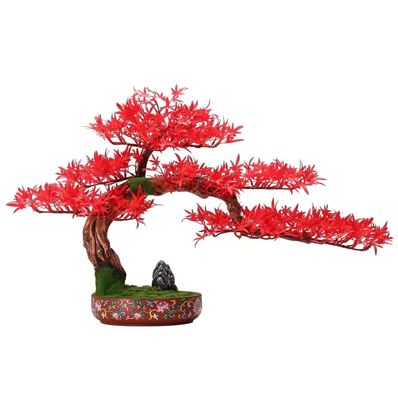 HCZKIUJY Artificial Plants Simulation Pine Fake Bonsai Lucky Zen Ornaments Living Room Porch Desk Top Fake Plants Decoration with Lotus Texture Flower Pot and Rockery Fake Plants Decor (Red)