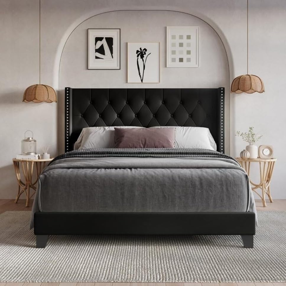 Image of Wooden Modern Upholstered King Size Bed for Bedroom | Wooden Double Bed Without Storage | Platform Cot Upholstered Bed with Upholstery Fabric | Engineered Wood | 6.5 x 6 Ft | Black Waylen