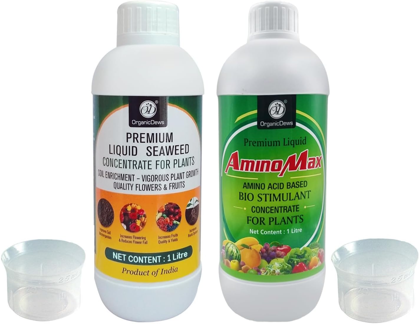 OrganicDews Liquid Seaweed Extract & Amino Acid Fertilizer - 1 litre Combo Based Bio Stimulant Concentrate Measuring Cup 25 ml - Plant Growth Enhancer, Soil Conditioner for Indoor and Outdoor