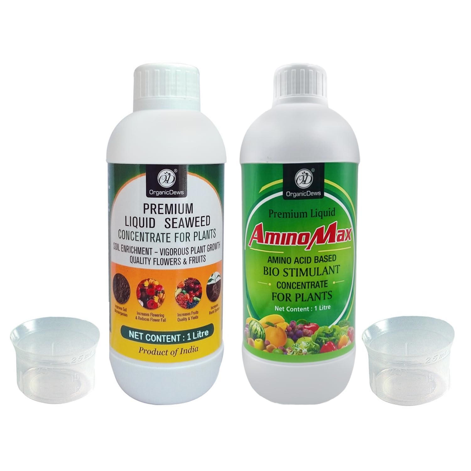 OrganicDews Liquid Seaweed Extract(1 litre) & Amino Acid Fertilizer(1 litre) Combo Based Bio Stimulant Concentrate Measuring Cup 25 ml - Plant Growth Enhancer, Soil Conditioner for Indoor and Outdoor