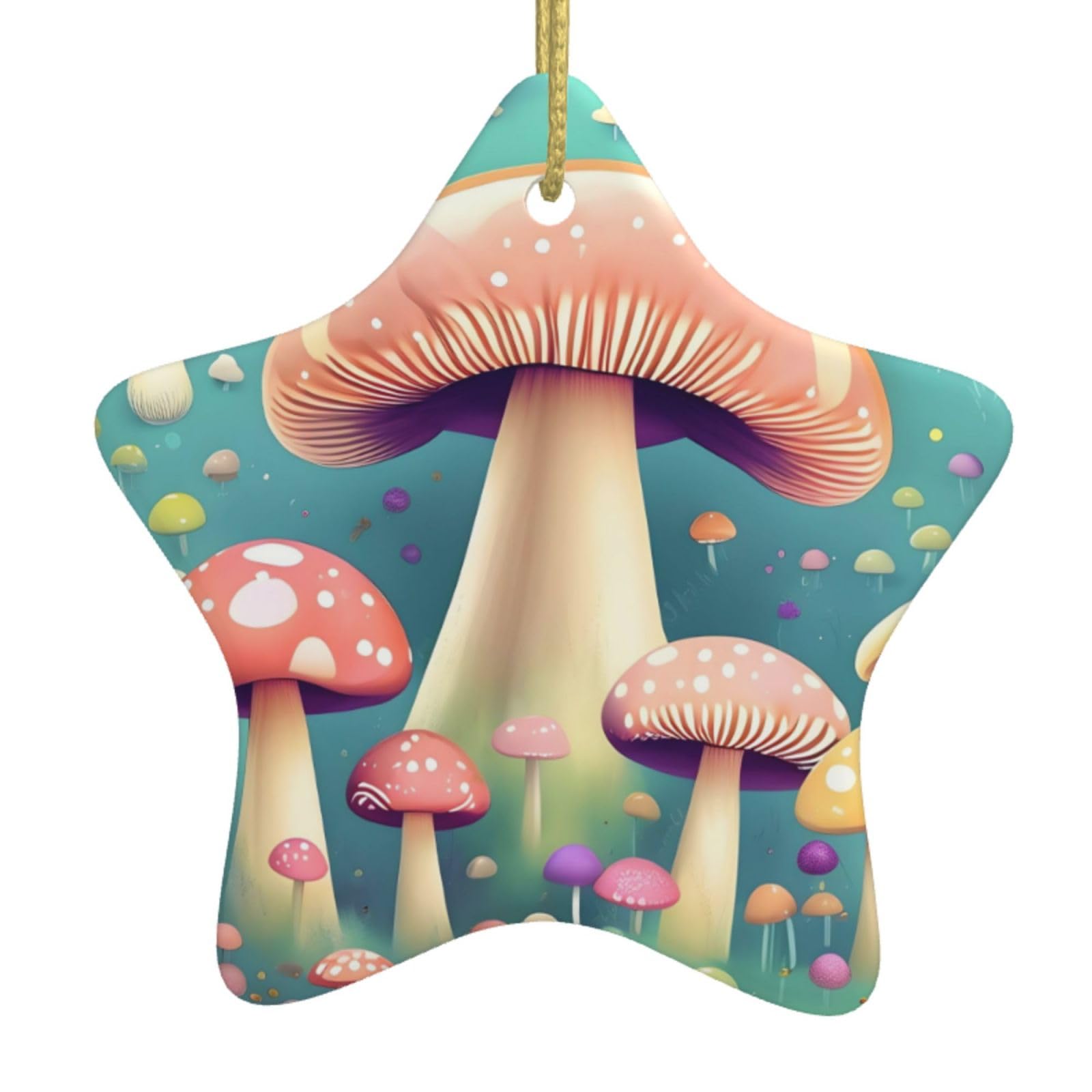 Pretty Little Mushrooms Christmas Ceramic Star Pendant with Punched Holes and Gold Wire Rope, Christmas Tree Home Decoration