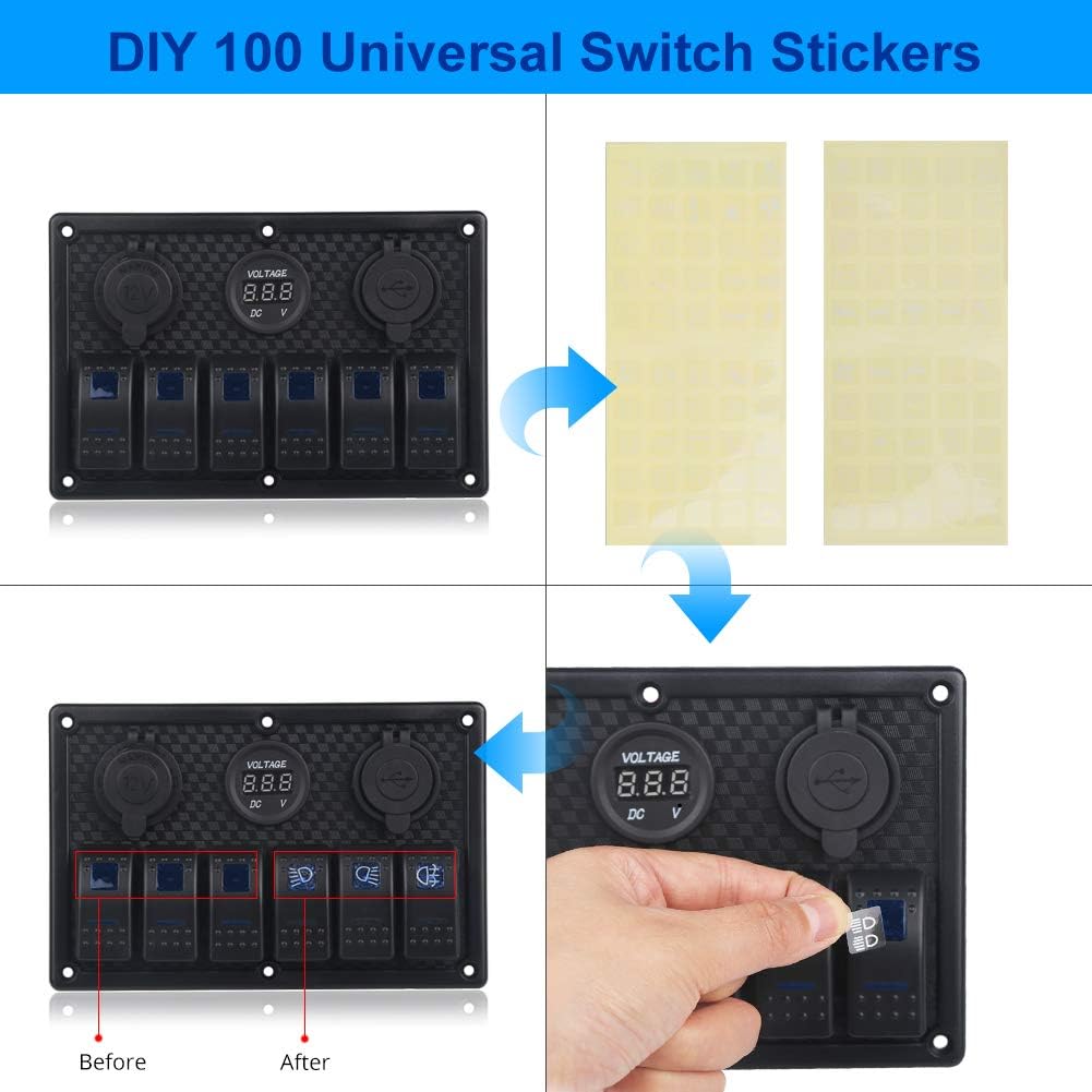 WATERWICH Marine Boat Car 6 Gang ON-Off Ignition Toggle Rocker Switch Panel with Fuse Box 12V-24V LED Digital Voltmeter 3.1A Dual USB Charger Cigarette Lighter For RV Vehicle Truck Yacht (6 Gang Blue) : Sports & Outdoors