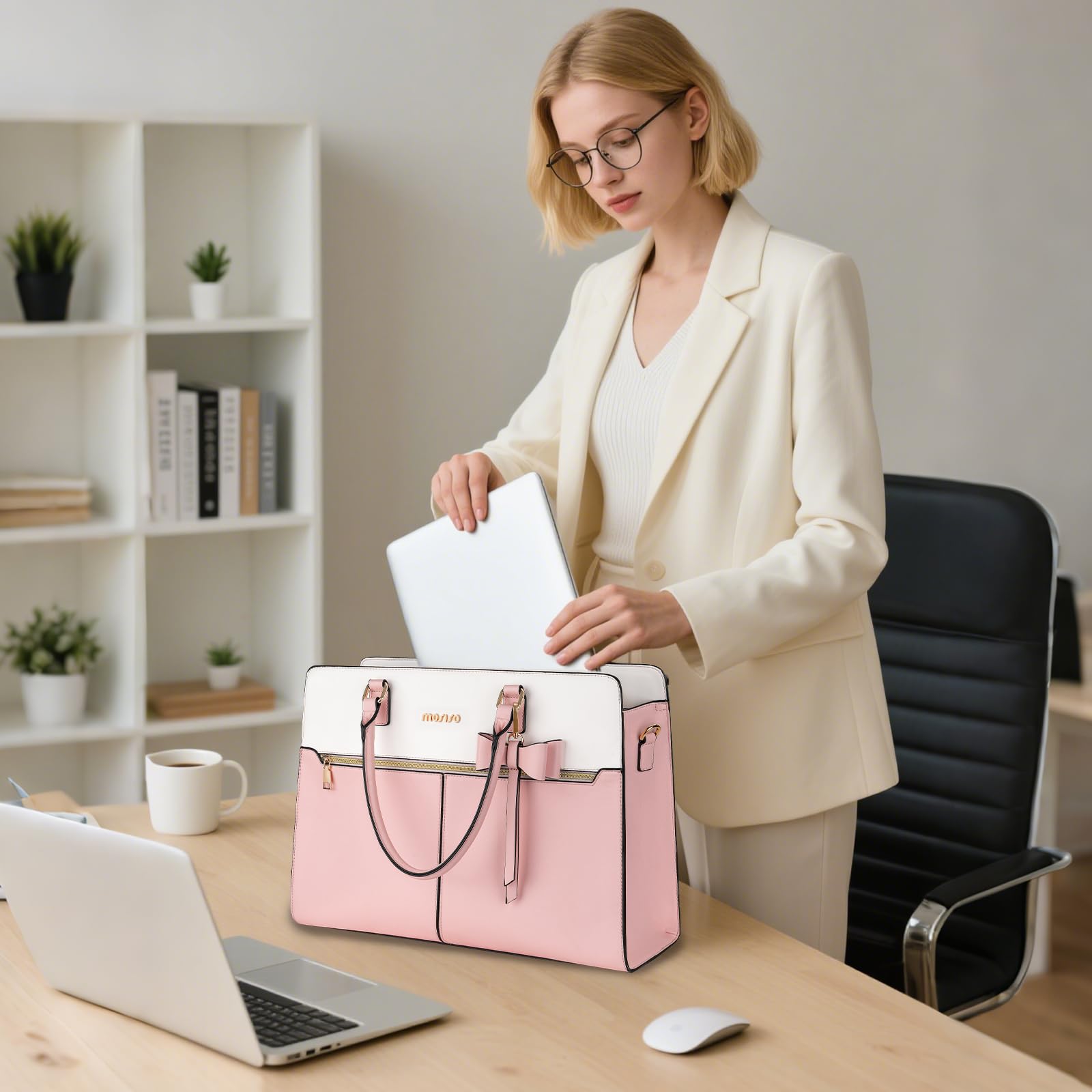 MOSISO Borsa Tote Laptop Donna, 15.6 Pollici Lavoro Pelle PU Impermeabile con Pochette e Fiocco, Borse a Mano Grande Capacita, Borsa a Tracolla Computer, Valigetta Lavoro Ufficio, Insegnante,Rosa