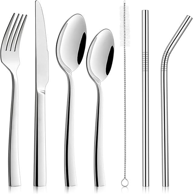 16 Piece Cutlery Set + 4 Straws, Joyfair Stainless Steel Square Edge Flatware Silverware Sets with Knife Spoon Fork Straw, Service for 4, Ideal for Home/Camping/Party, Mirror Polish & Dishwasher Safe