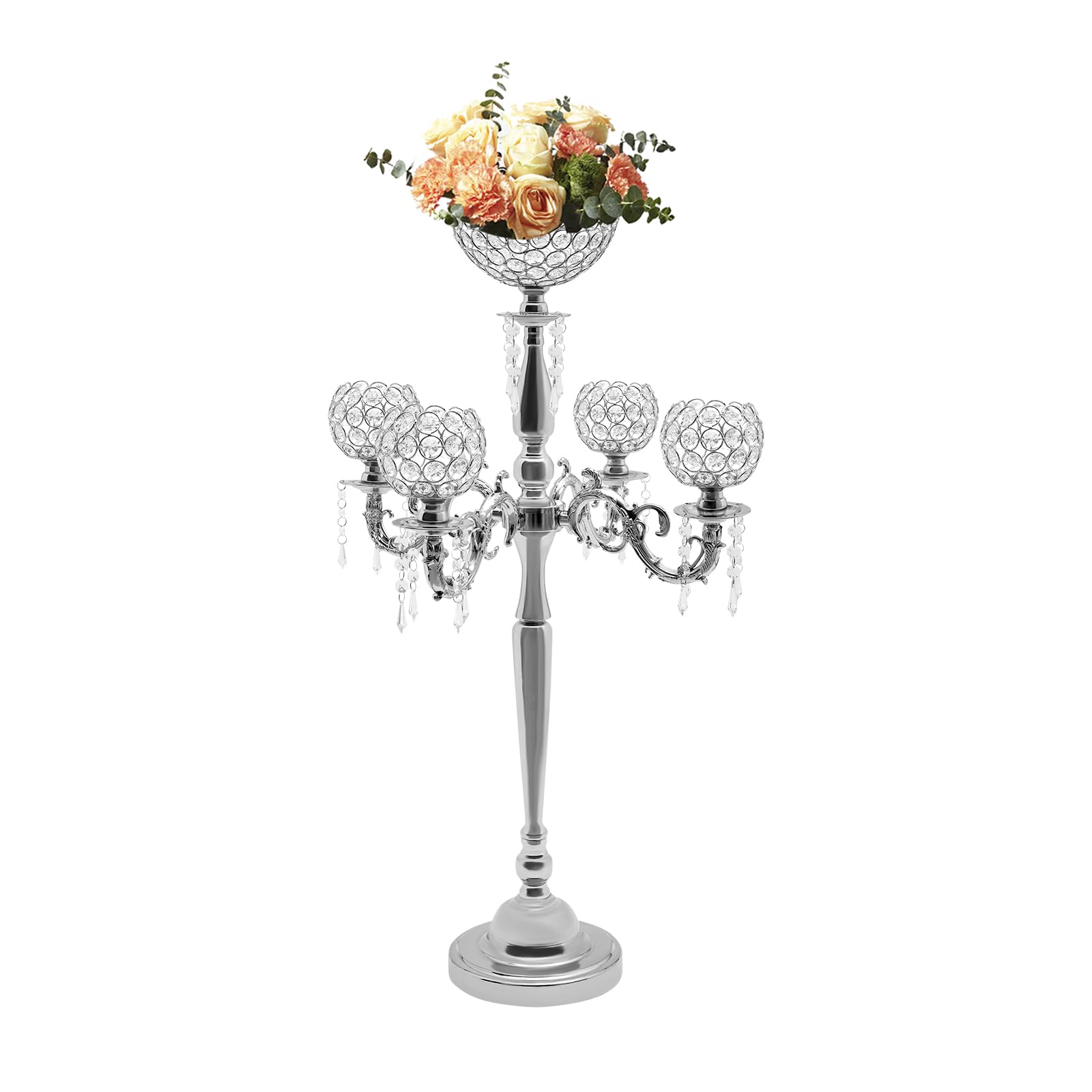 5 Arm Candle Holder with Flower Vase for Wedding Centerpieces, 35inch Candelabras Table Centerpieces for Party Event, Metal Candelabra Centerpieces for Christmas Wedding Party Dinner (Silver)