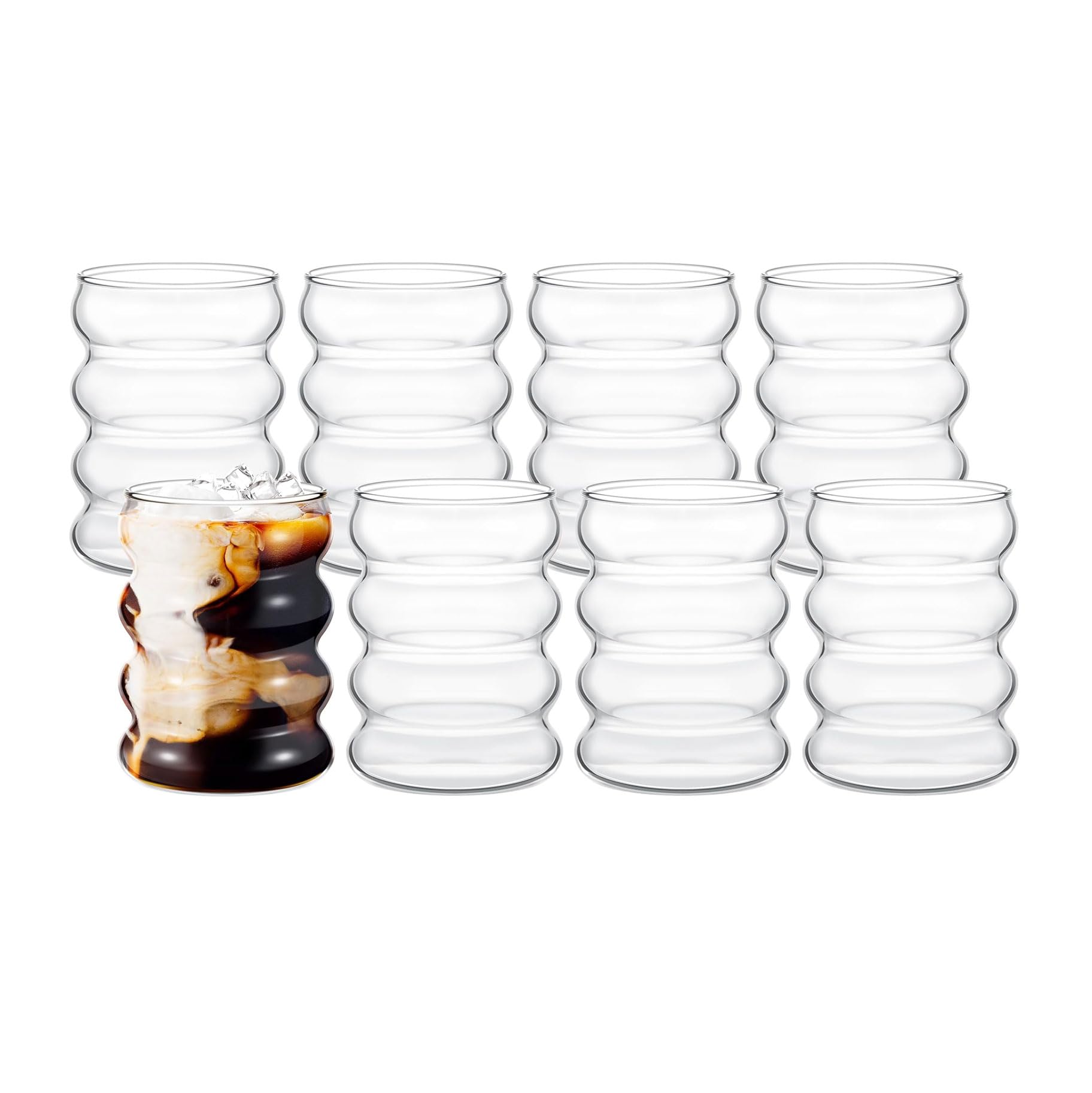 Generisch 8 Stück Wellenförmiges Gewinde-Glas – Retro-Ästhetik, 350 ml/12 oz. Ideal für Cocktails, kalte Getränke, Kaffee, Eiscreme, Limonade und Fruchtsäfte