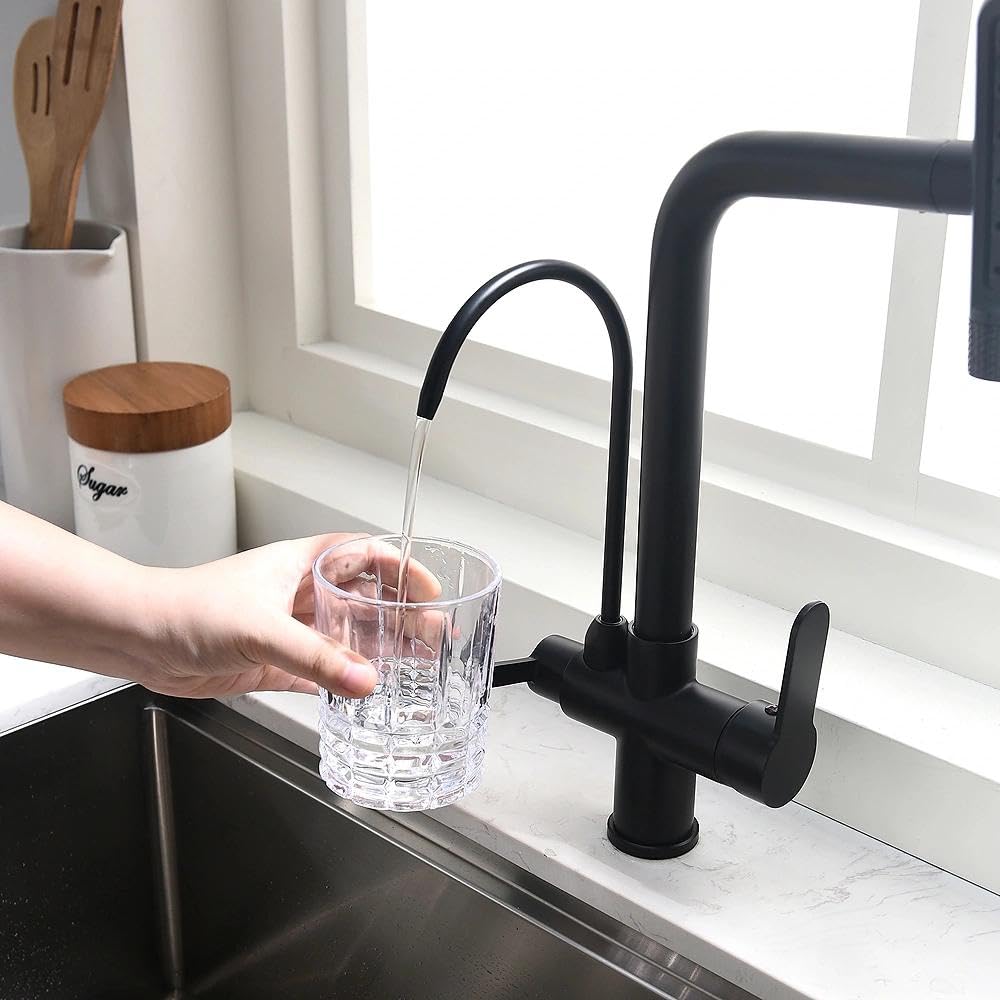Grifo de 3 vías para purificador negro con ducha extraíble, giratorio 360°, compatible con filtro de cascara/RO, mezclador de fregadero de cocina de doble salida para agua potable y caliente/fría