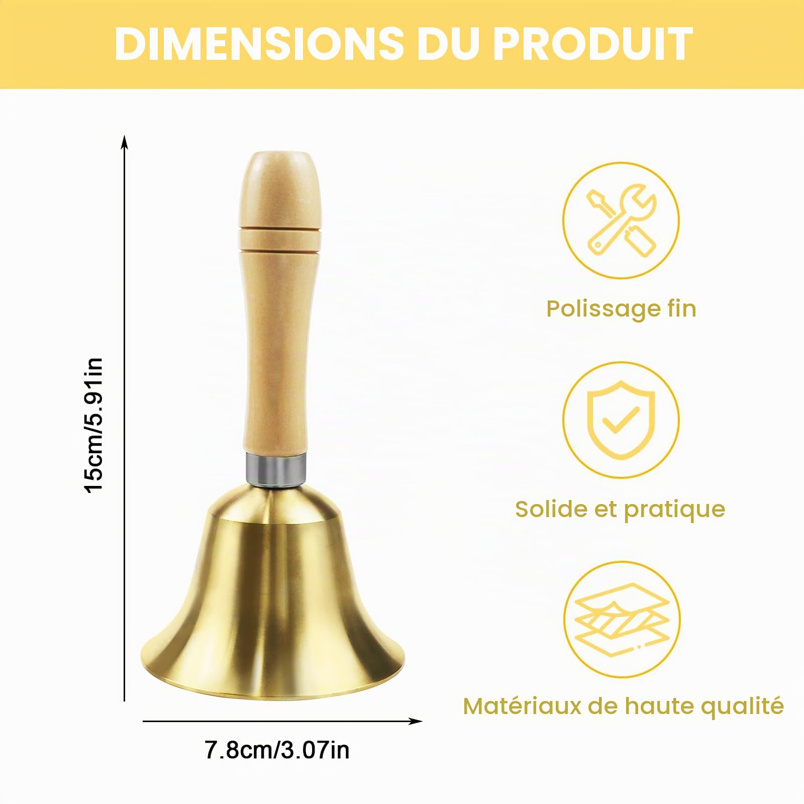 Cloche à Main Super Bruyante, Clochette à Main, Cloches en Métal avec Manche en Bois pour Personnes Âgées à la Maison, Mariage, Entraînement Animal, Bureau, Dîner, Méditation, Cours (15cm)