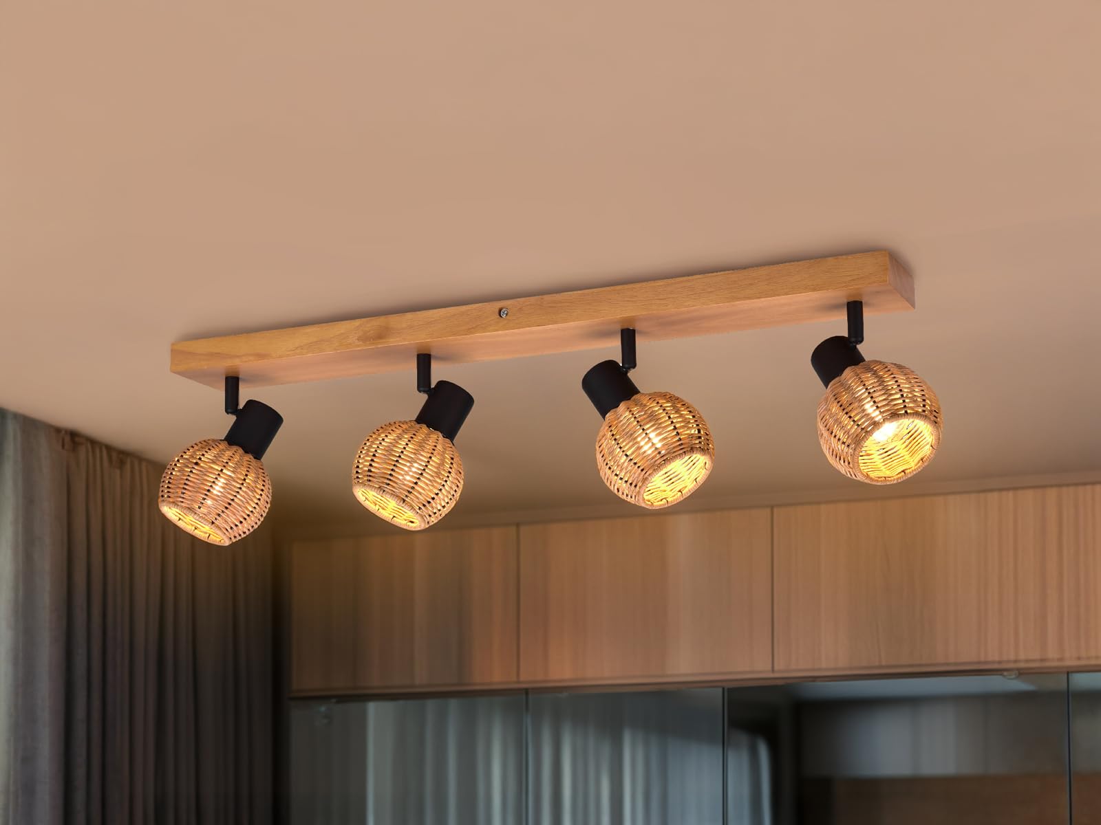 meineWunschleuchte Decken-Strahler Holz & Rattan, Spots schwenkbar