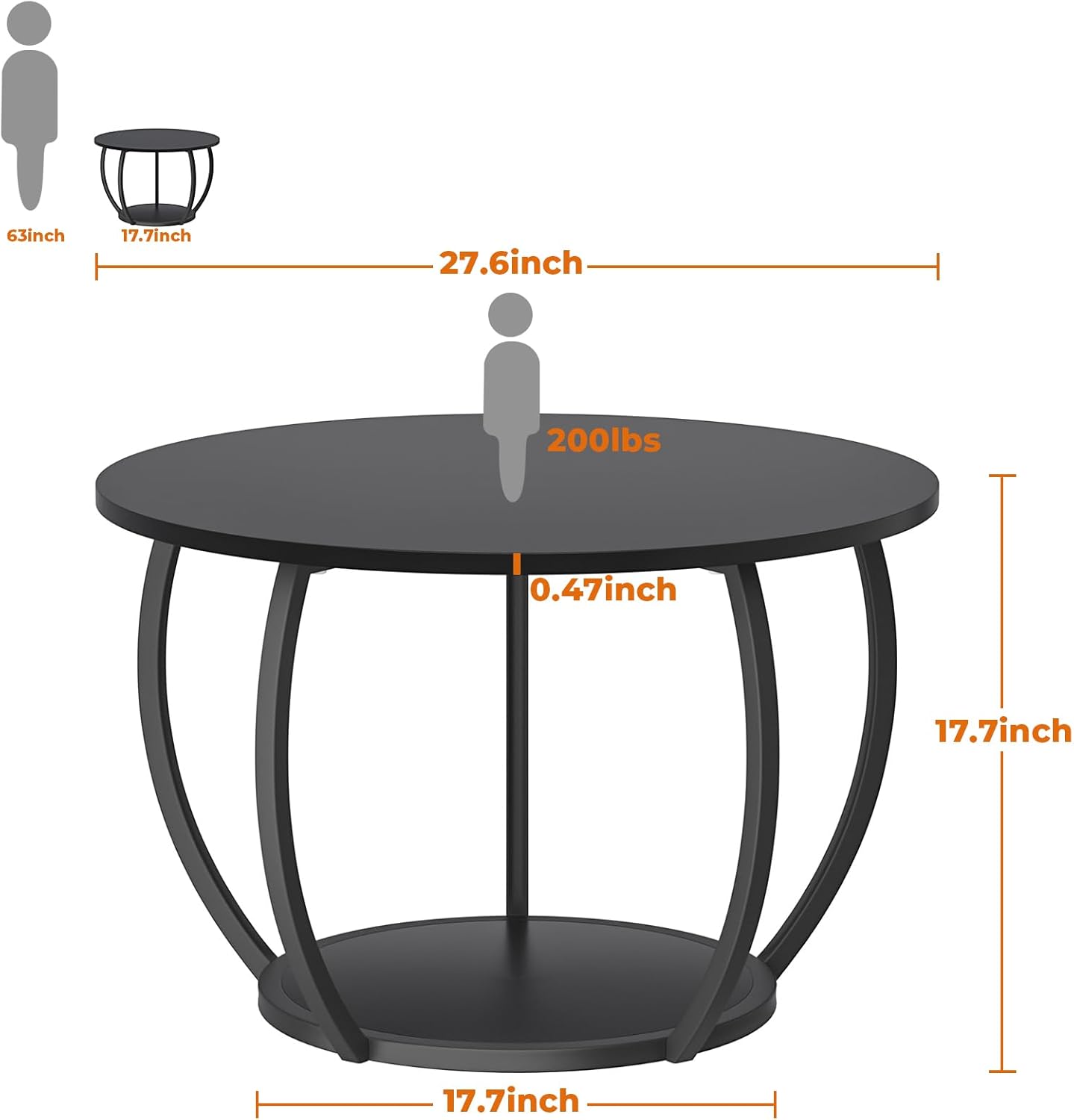 GreenForest Round Coffee Table with 2-Tier Open Storage, 27.6 inch Small Circle Coffee Tables with Adjustable Feet, Modern Mini Center Table for Small Living Room, Black