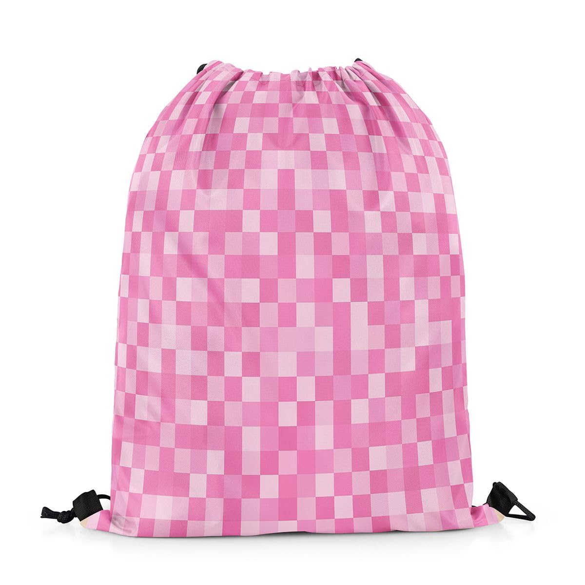 Castle Fairy Pixelated Style Drawstring Backpack 13"X28",Geometric Square Grid Water Resistant Beach Bag,Video Games Miners String Bag for Shopping Yoga,Pink Sackpack for Gym Sports