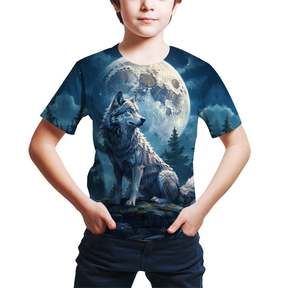 FiveEarl Kids Print 3D Wolf Tees Shirts for Youth Boys Girls 4-14 Years