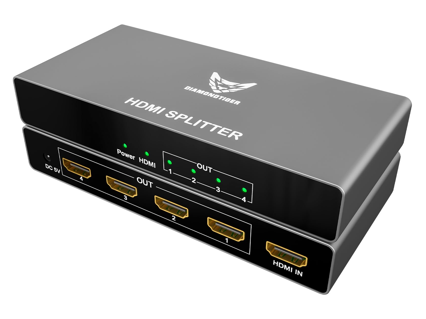 Splitter HDMI – DiamondTiger 4K HDMI Splitter 1 in 4 Out – Powered HDMI 2.0 Splitter 4 vie monitor uscite, supporta 4K @ 60Hz Ultra HD, HDCP 2.0, sincronizzazione audio video 3D, plug & play per HDTV
