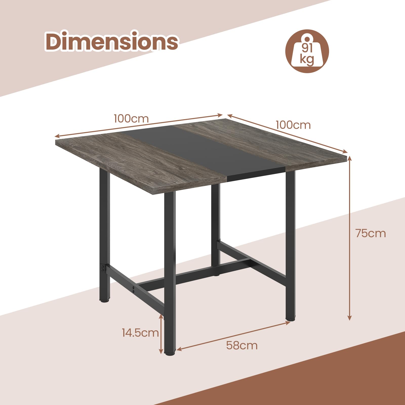 GIANTEX Petite Table de Conférence Carrée 100 cm pour 4 Personnes, avec Cadre Métallique Robuste, 100 x 100 x 75 cm, Design Compact, Table de Reunion pour Salle de Conférence, Bureau, Gris