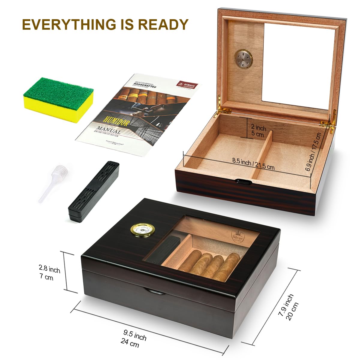 Slege Zigarren Humidore,Humidor-Zigarren,Glasplatte,Spanische Zeder Zigarrenbox,mit Zigarrenbefeuchter,Hygrometer,Teiler, Kuba Zigarren Zubehör,Männer Geschenk (10-30 zigarren)