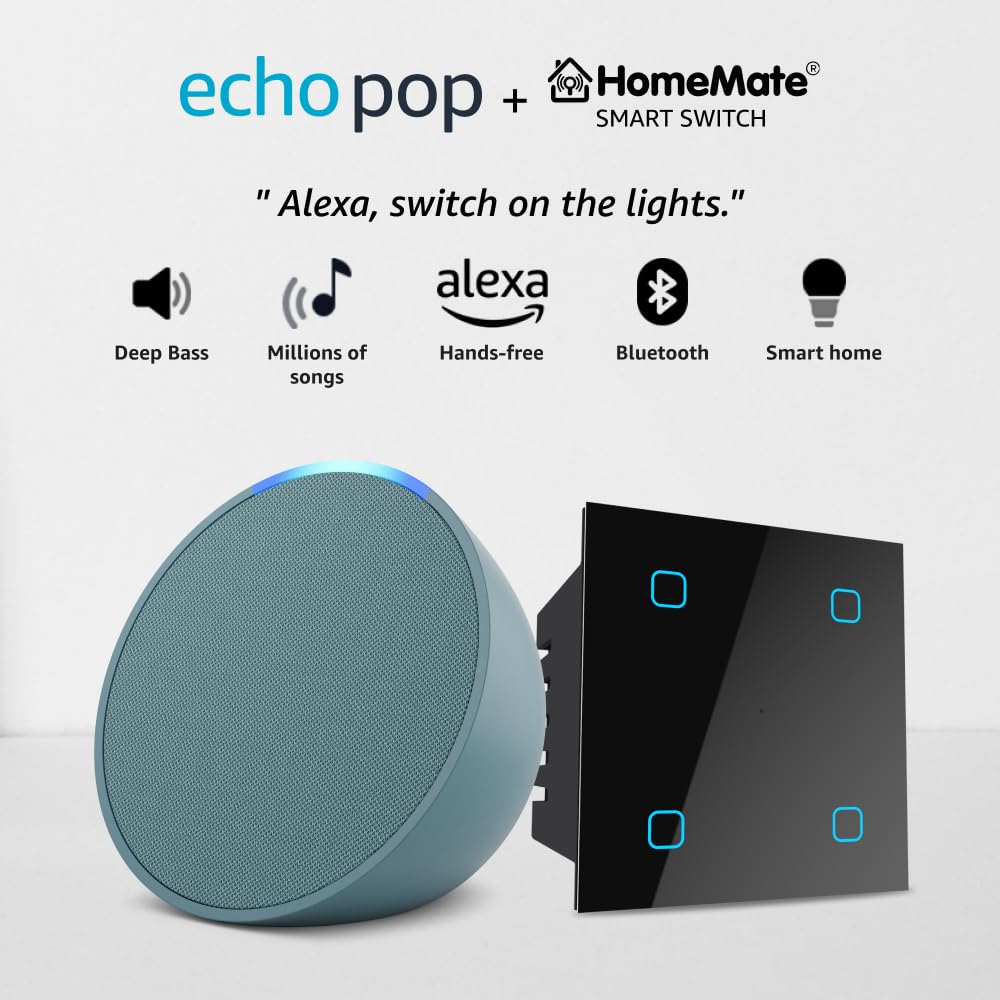 Amazon Echo Pop (Green) Combo with HomeMate Wi-Fi Smart 4 Gang Touch Switch (Black) Amazon Echo Pop (Green) Combo with HomeMate Wi-Fi Smart 4 Gang Touch Switch (Black)