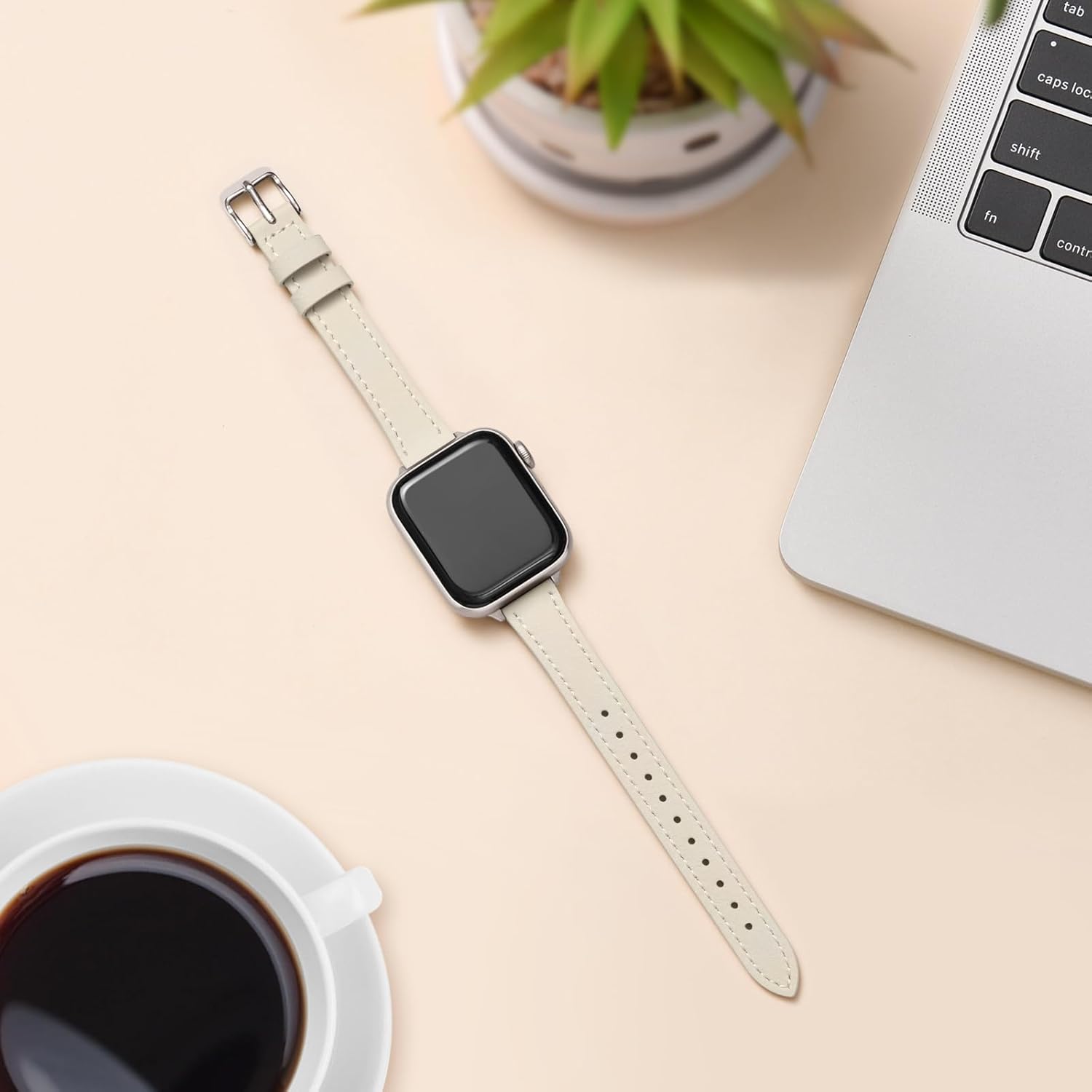 STIROLL Slim Leather Bands Compatible with Apple Watch Band 38mm 40mm 41mm 42mm 44mm 45mm 49mm, Top Grain Leather Watch Thin Wristband for iWatch Ultra SE Series 9/8/7/6/5/4/3/2/1 (Beige with - Image 4
