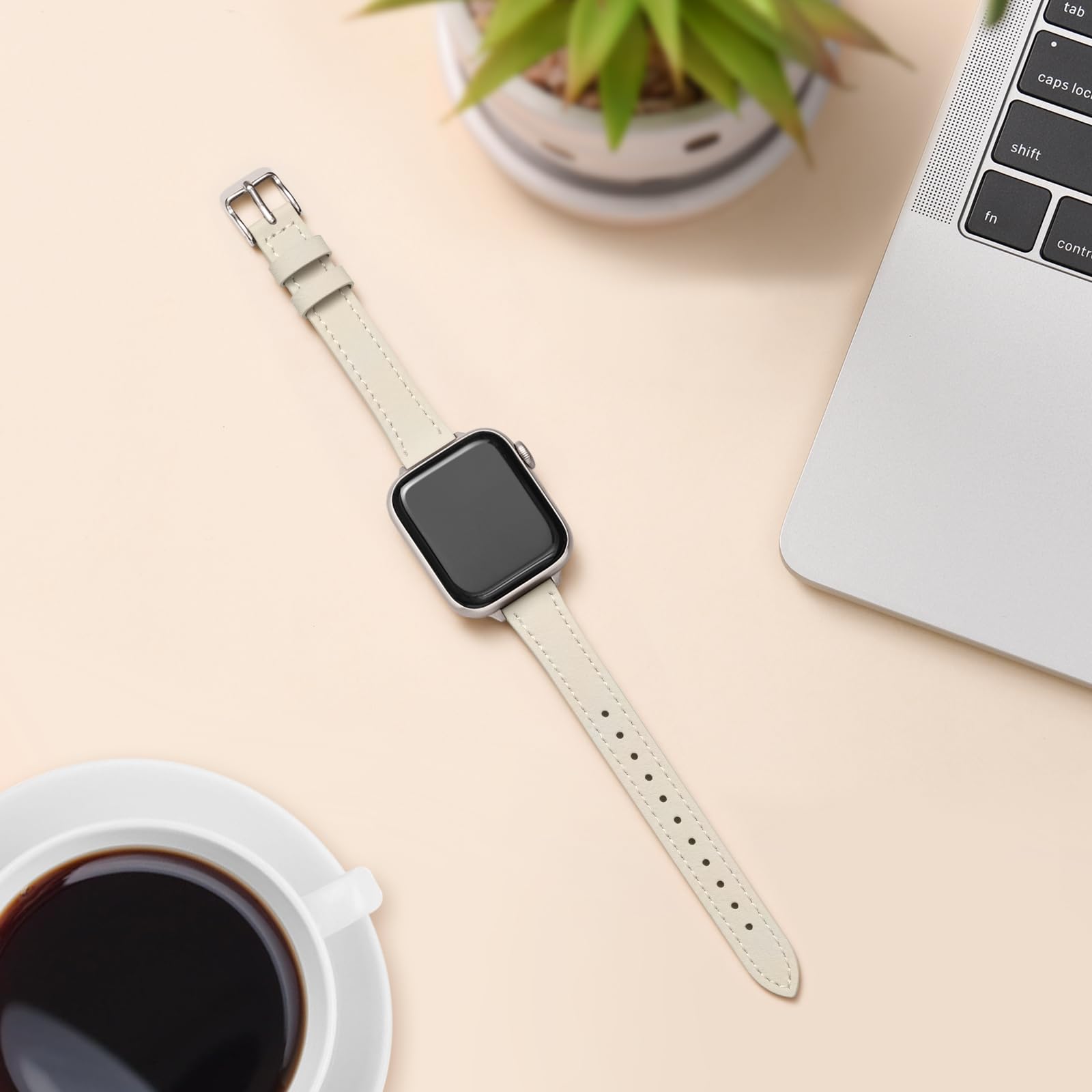 SUNFWR Leather Strap Compatible with Apple Watch Straps 42mm(Series 11 10) 41mm 40mm 38mm,Genuine Slim&Thin Replacement Band for iWatch Series 11 10 9 8 7 6 5 4 3 2 1/SE(Lvory white&Starlight) - Image 4