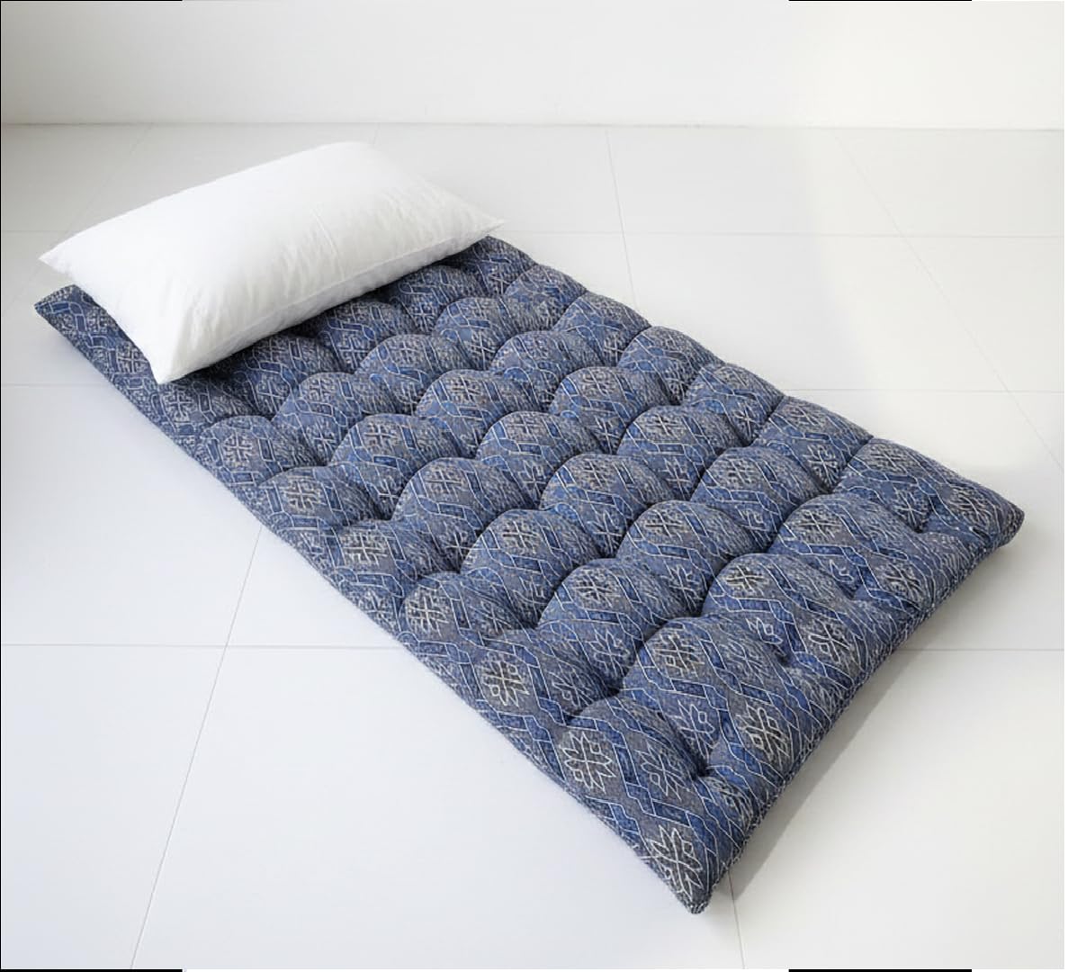 Adim's Cotton Filled Double Bed Quilt Mattress with 1 Pillow | Soft & Reversible, Foldable Firm Mattress | Tufted Soft Rui Gadda for Bedroom, Living Room | Blue Embroidery, Star | 4 x 6ft