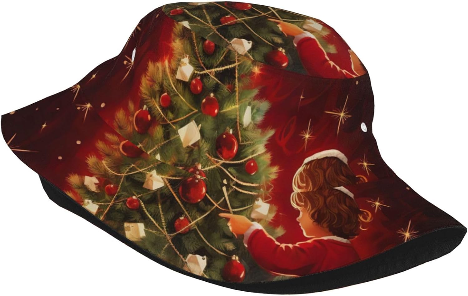 Glowing Christmas Tree Print Sun Hat Outdoor Fisherman Cap Summer Bucket Hat Beach for Men Women Black