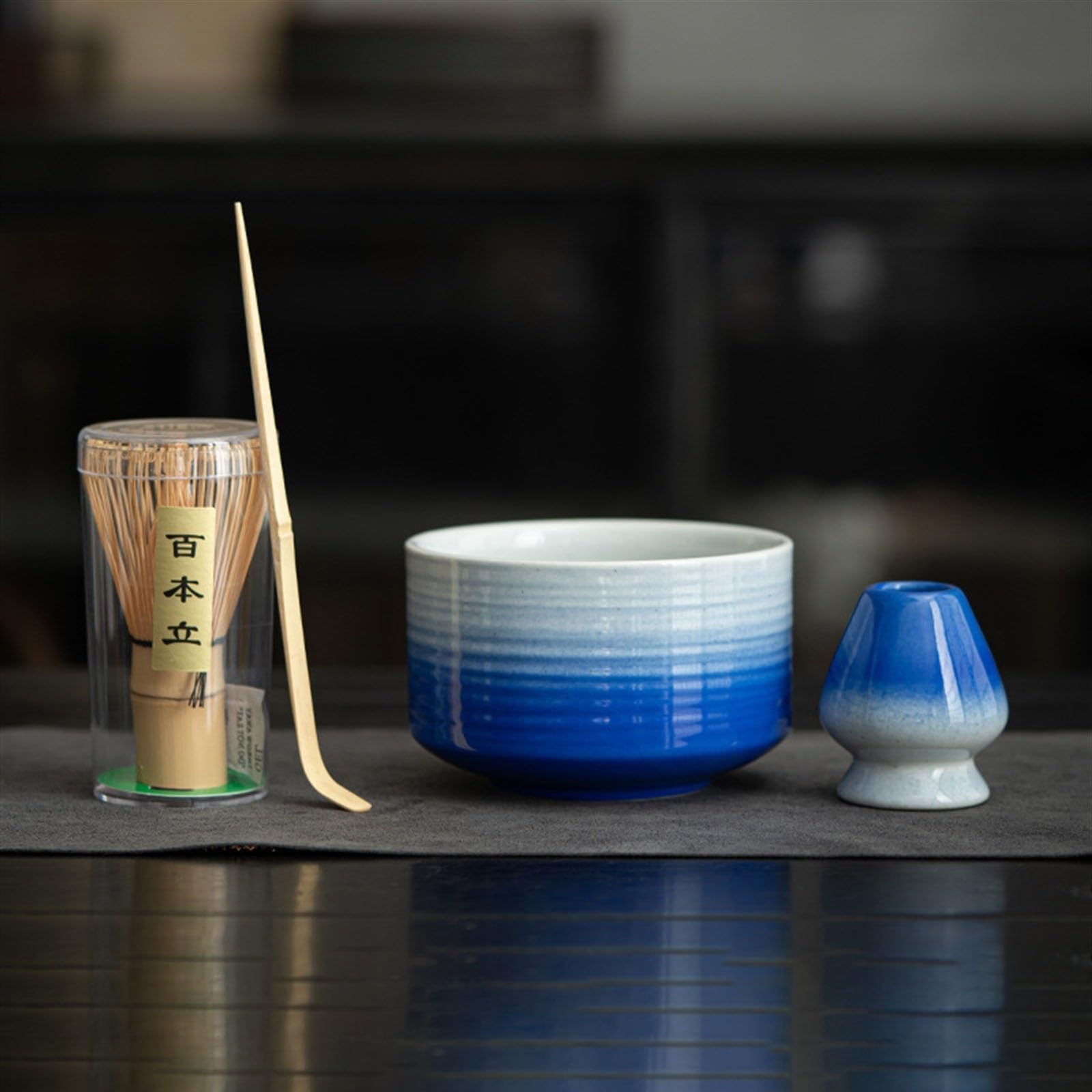 Ensemble de 4 Pièces Matcha Kit Cuillère à Café en Bambou Outils Traditionnels de Cérémonie du Thé Japonais Cuillere Matcha(Gradient Blue)
