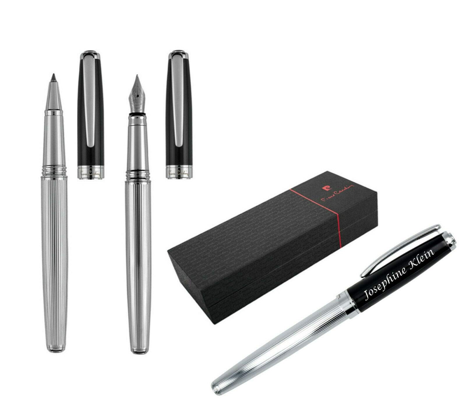 Pierre Cardin Set D'Écriture Christophe Stylo Roller Stylo Et Stylo-Plume Chrome-Noir Avec Laser Gravure Gravé Pour Anniversaire