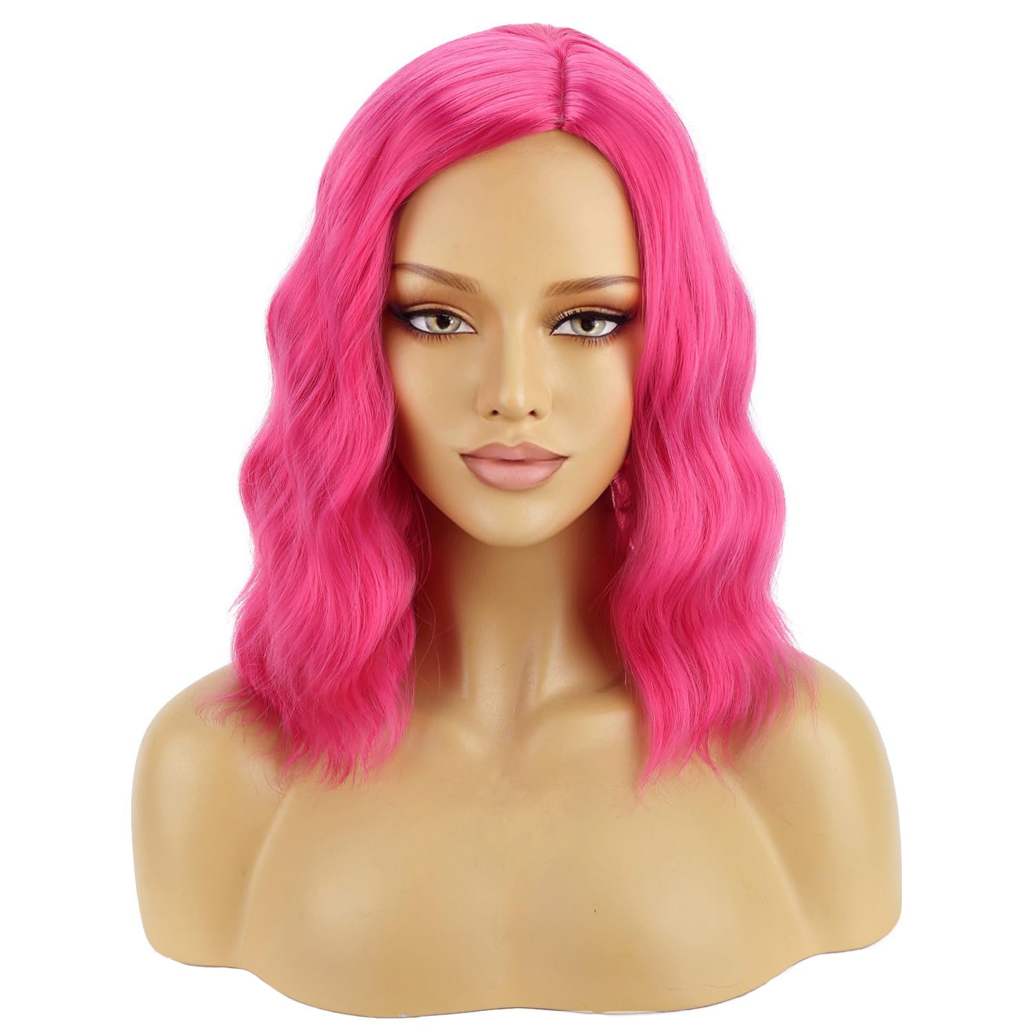 BERON 14 Inches Hot Pink Wig Short Curly Bob Wig Hot Pink Wigs Charming Women Girls Beach Wave Wigs for Daily Part Hairnet Included