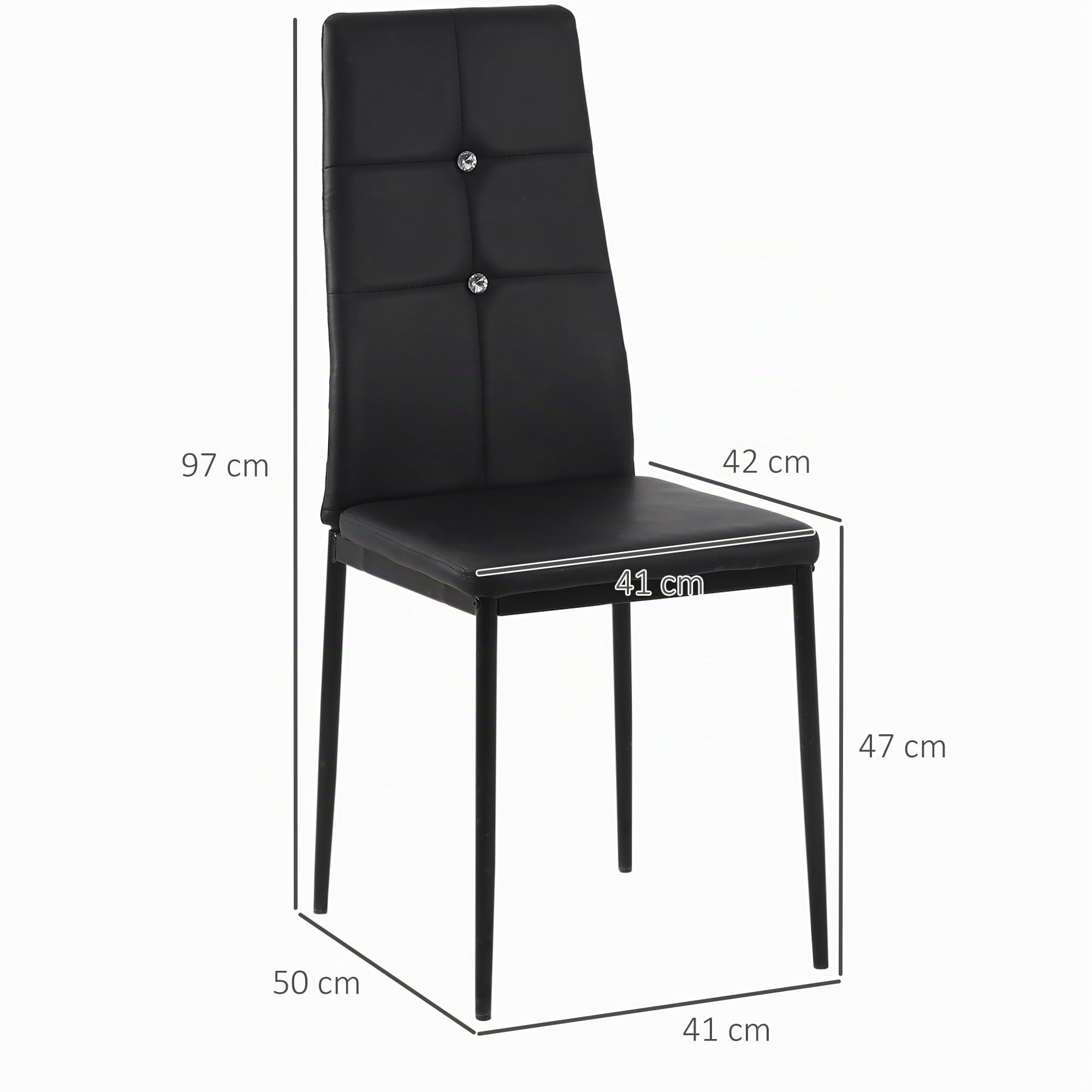 HOMCOM Juego de 6 Sillas de Comedor con Respaldo Alto para Salón Negro | Tapizada en PU, Sillas de Cocina Modernas, Botones, Patas de Acero, Dormitorio