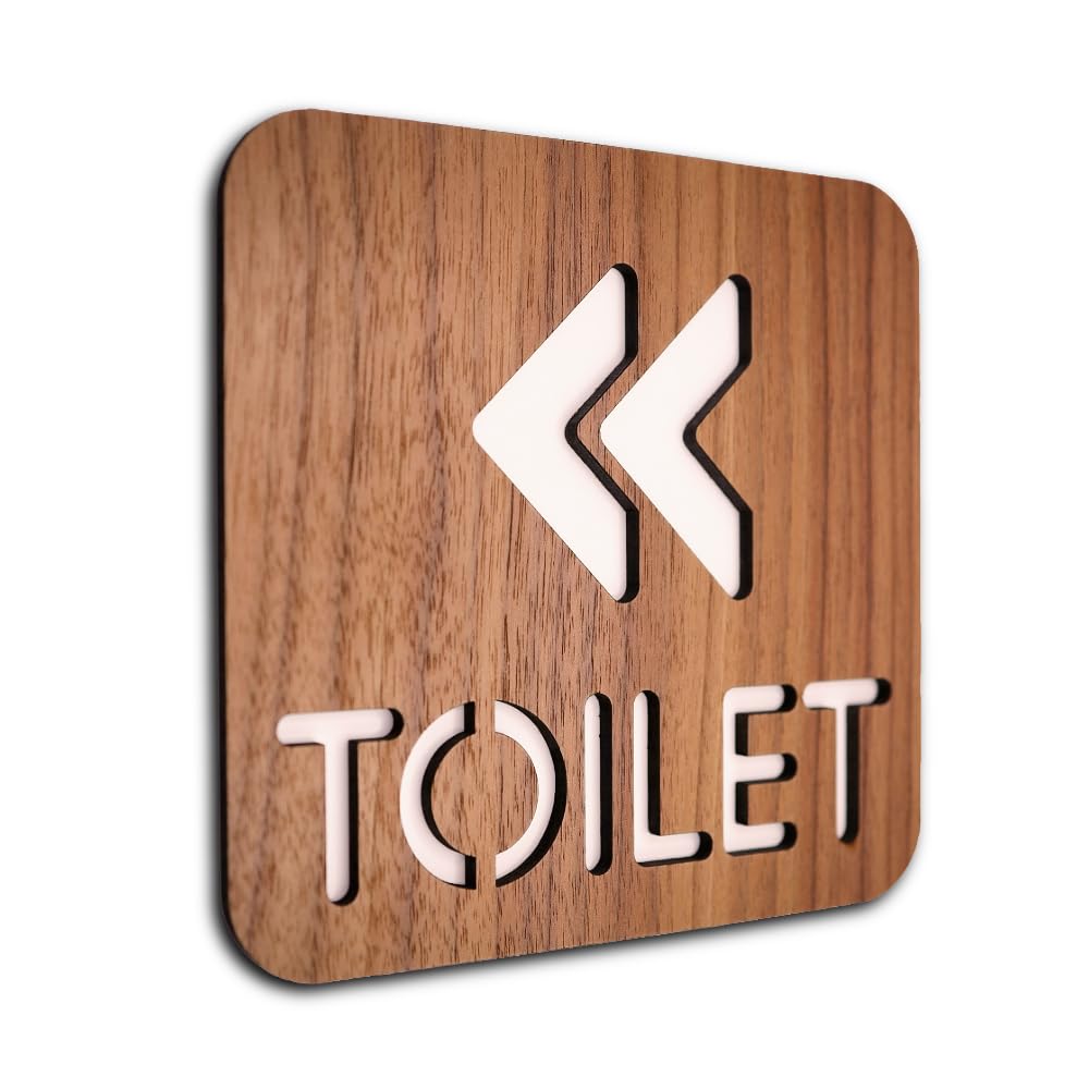 Toilet Directional Sign Left Arrow, Premium Walnut, 14.5 x 14.5 cm Restroom Plaque with Left Arrow Design
