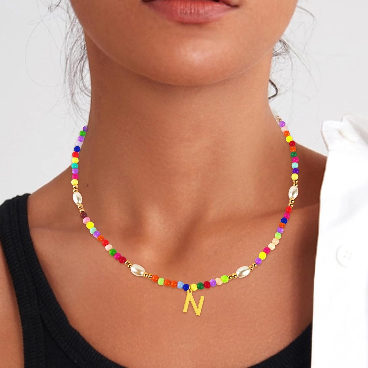 Beaded Initial Necklaces with Pearl - Trendy Gold Plated Choker Necklace for Girls Women Teen Preteen, Personalized Letter Jewelry Holiday/Birthday Gifts for Kids - Image 4