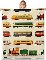 Vista 1 de Retro Train Throw Blanket,Colorful Cars Fleece Blanket for Bedroom Decor,Vintage Train Tracks Super Soft Blankets for Sofa Couch for All Brown
