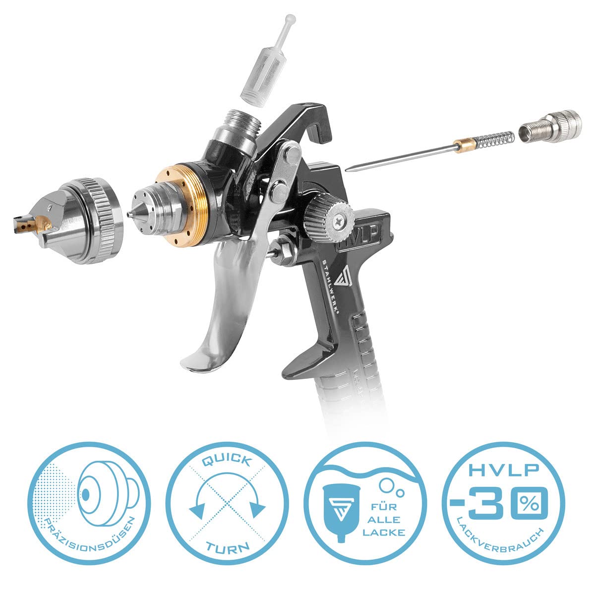 STAHLWERK HVLP Lackierpistolen Set SGS-1125 ST 21 Teile mit 3 Druckluft Lackierpistolen, 0,8/1,4/1,7 mm Düsensatz, Lackierpistolen-Halter (3 Lackierpistolen Set)