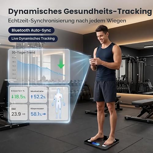 HomeFashion HFitness Körperfettwaage 28x28cm 19x KÖRPERDATEN iOS und Android App Intelligente Digitale Personenwaage Waage Personnen Körperwaage Körpergewichtsmesser BMI Bluetooth