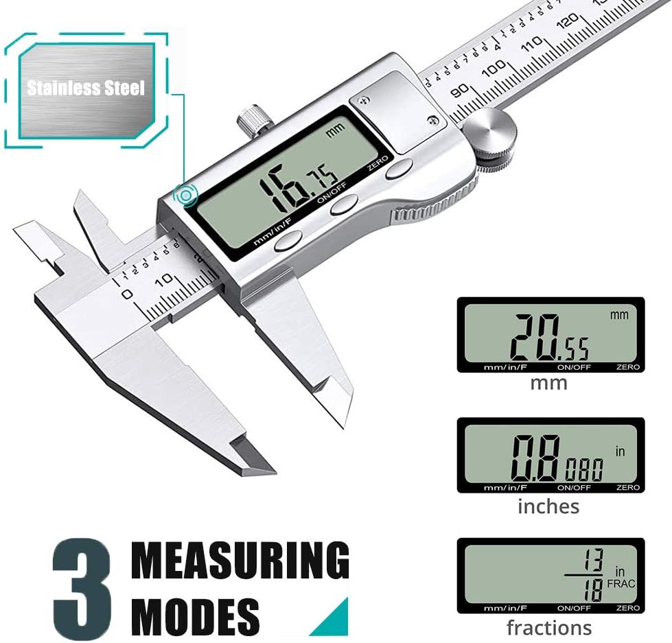 Digital Caliper 6 Inch Stainless Steel Vernier Caliper Digital Electronic Micrometer Caliper Measuring Tool Waterproof Inch/Metric/Fractions Conversion Large LCD Display Auto-Off: Industrial & Scientific