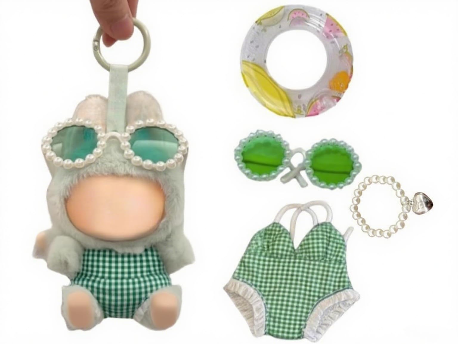 Stylish Summer Beach Clothes Set Suitable for 17cm/15cm Labubu – Fashion Outfit(Doll Not Included) (Green Swimsuit+Swim Ring+Necklace+Glasses)
