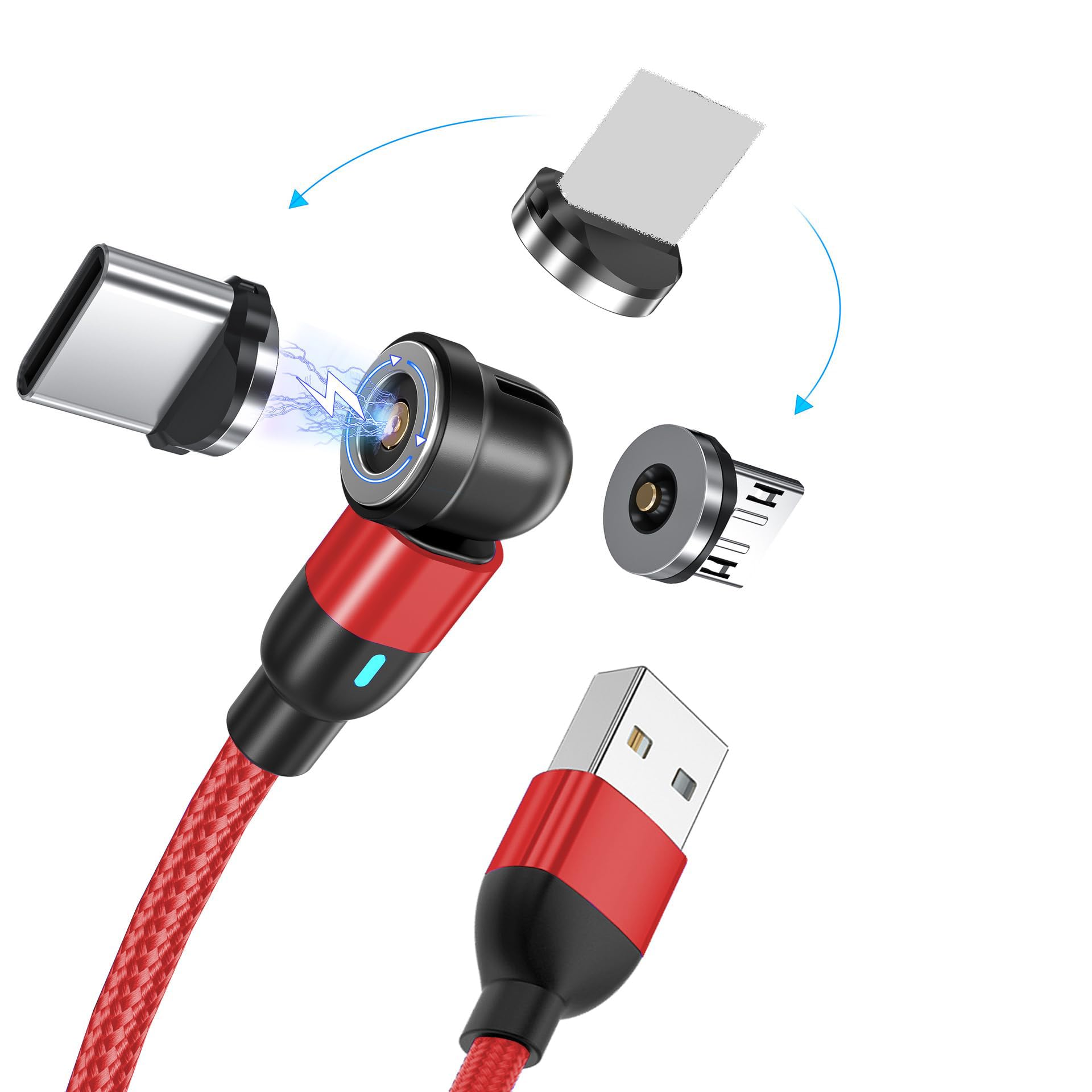 BITHAI Magnetic Charging Cable 540 Rotating Magnetic Phone Charger Cable with LED Light for Micro USB USB C and i-Product Device (1.6ft)