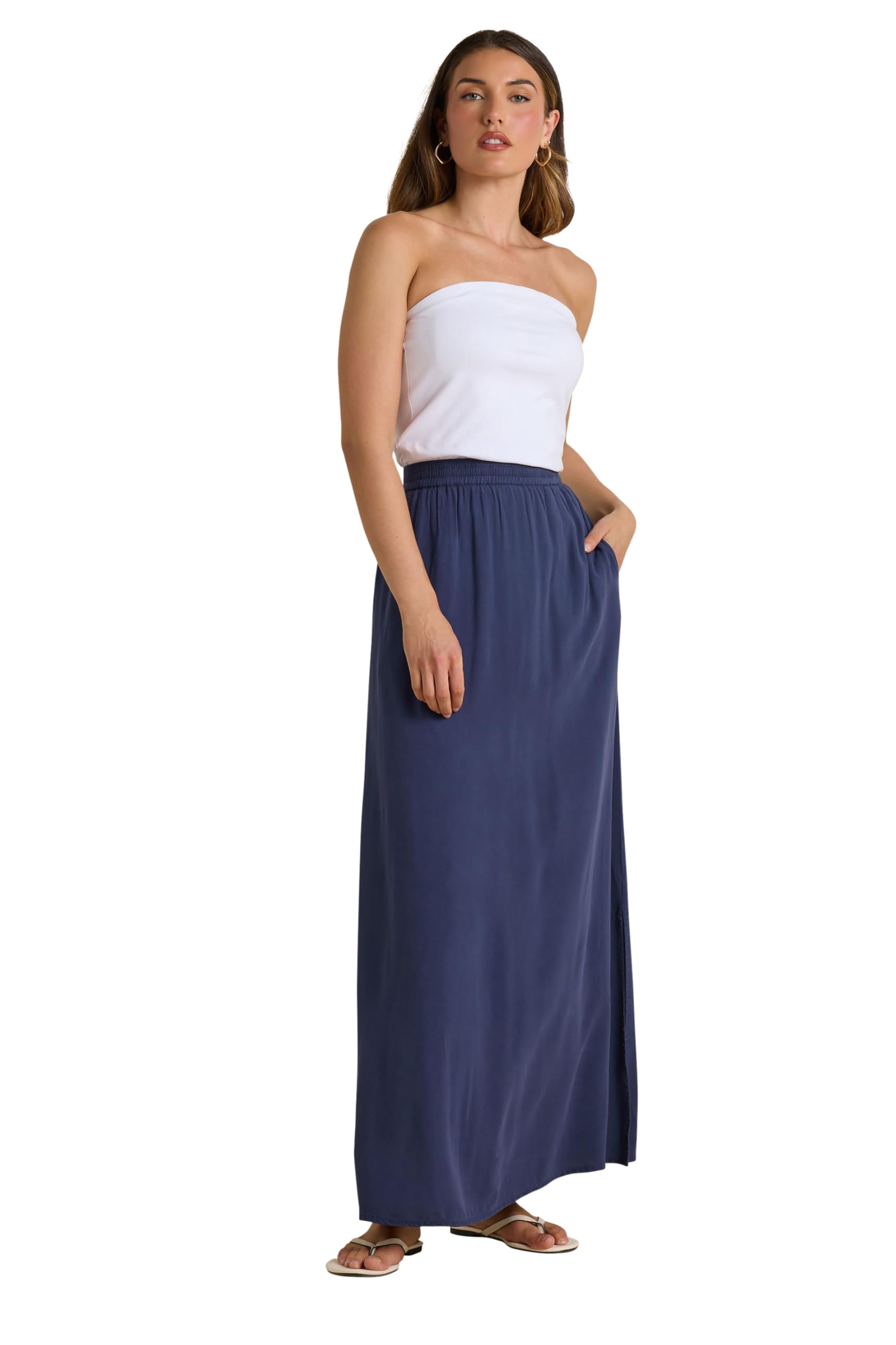 Long Tall Sally - LTS Tall Blue Acid Wash Side Split Maxi Skirt - Women's
