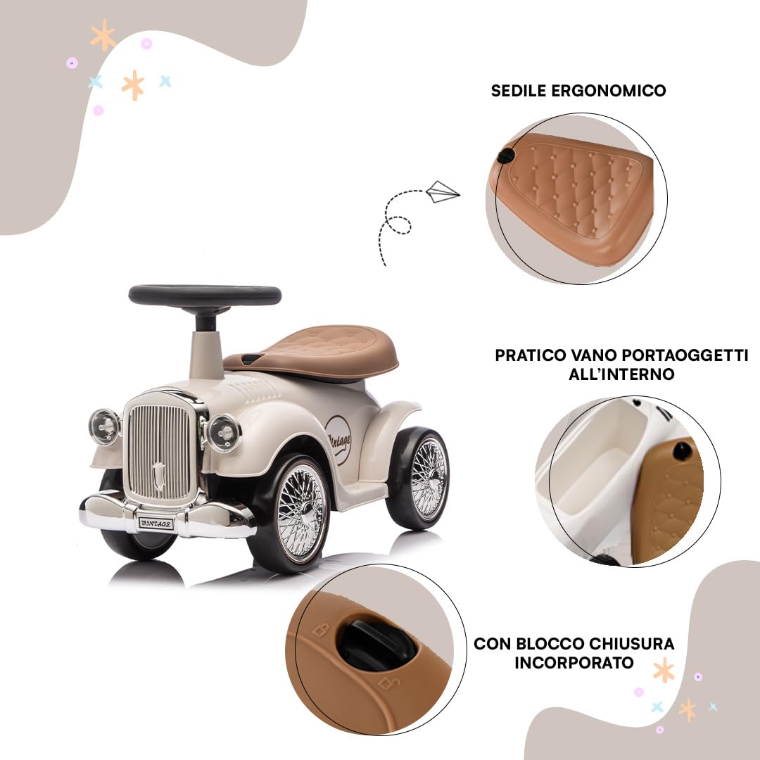 Baroni Toys Macchina Ride-On Vintage per Bambini dai 12 ai 36 Mesi, Baby Car con Clacson ad Aria, Vano Portaoggetti, Manubrio Sterzante e Ruote Stabili per Imparare a Camminare, 25x59x35 cm, Bianco