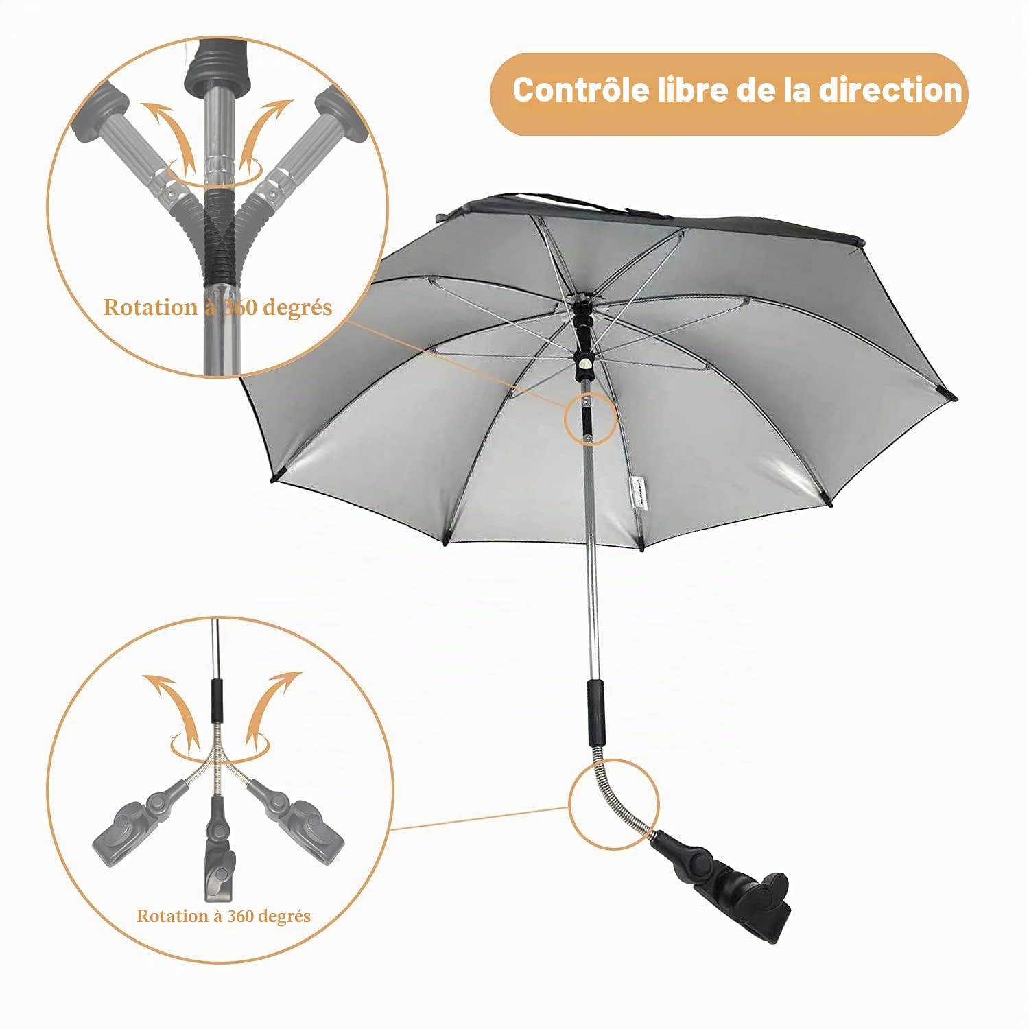 Parasol Universel, 72 cm Ombrelle pour Poussette, Protection UV 50+, avec Une Poignée Parapluie pour Poussette et Buggy - Noir